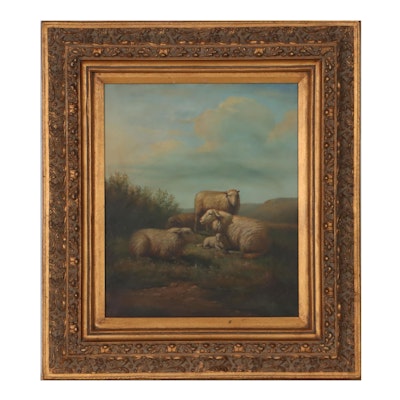 Oil Painting of Three Sheep and Lamb