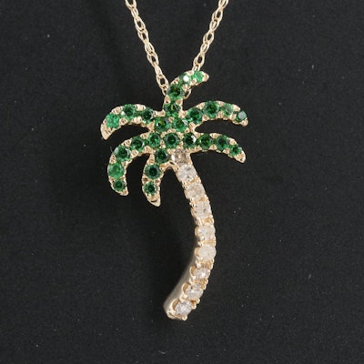14K Diamond and Tsavorite Garnet Palm Tree Pendant Necklace