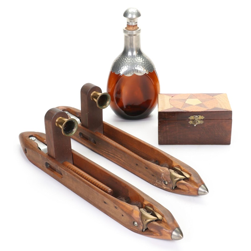 KMD Daalderop Pewter and Amber Glass Decanter, Wooden Marquetry Box, and More