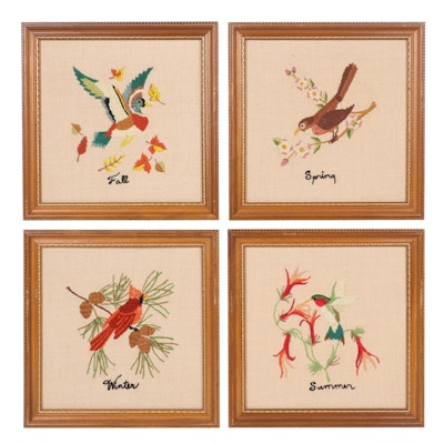 The Four Seasons Needlepoint Framed Bird Wall Hangings, Late 20th Century