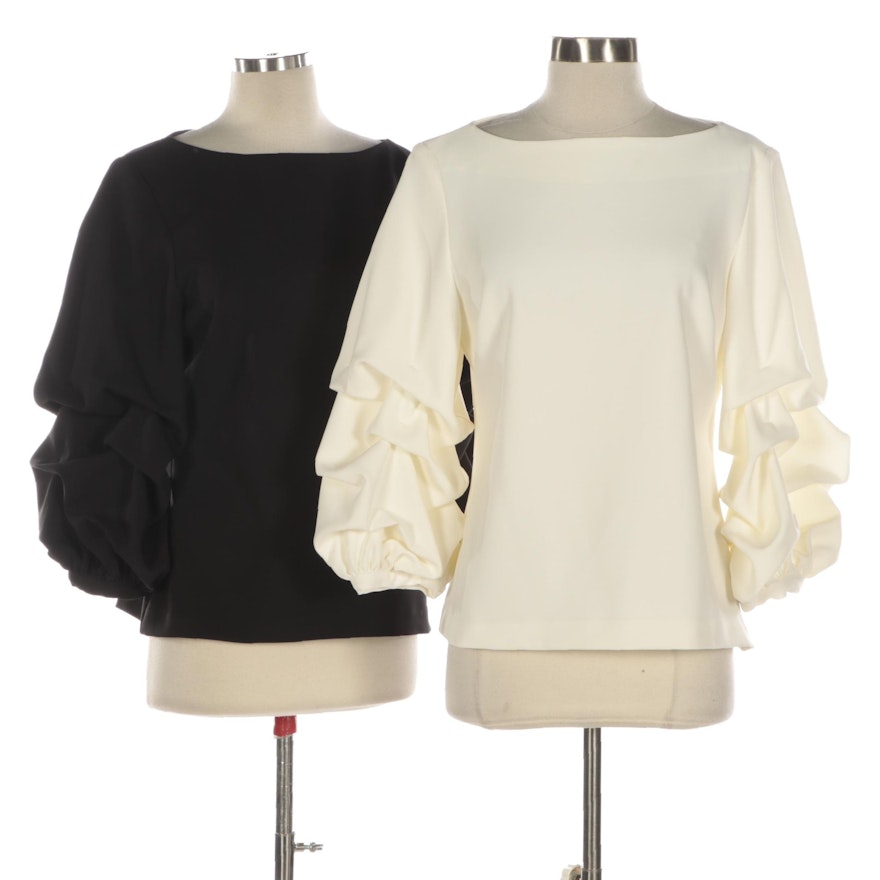Alberto Makali Black and Ivory Rusched Sleeve Blouses, NWT