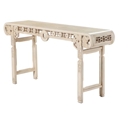 Chinese Style Cream-Painted and Faux Marbled Console Table