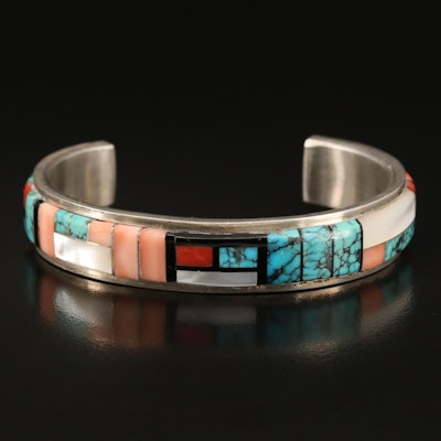 Sterling Cuff Including Mother-of-Pearl, Coral and Turquoise
