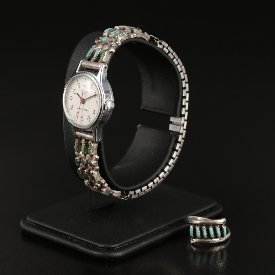 Quartz Wristwatch with Sterling and Turquoise Bracelet and Matching Ring