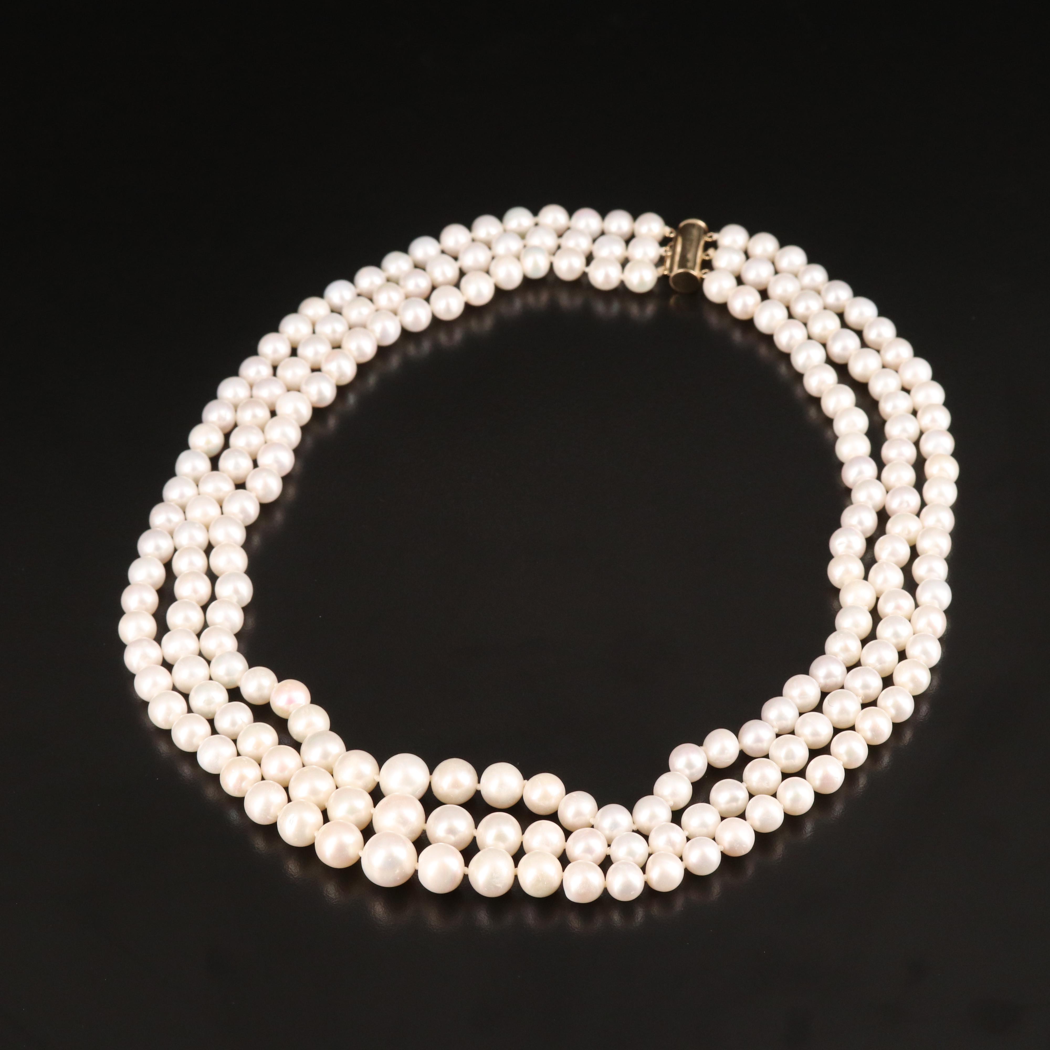 14K Graduated Triple Strand Pearl Necklace EBTH