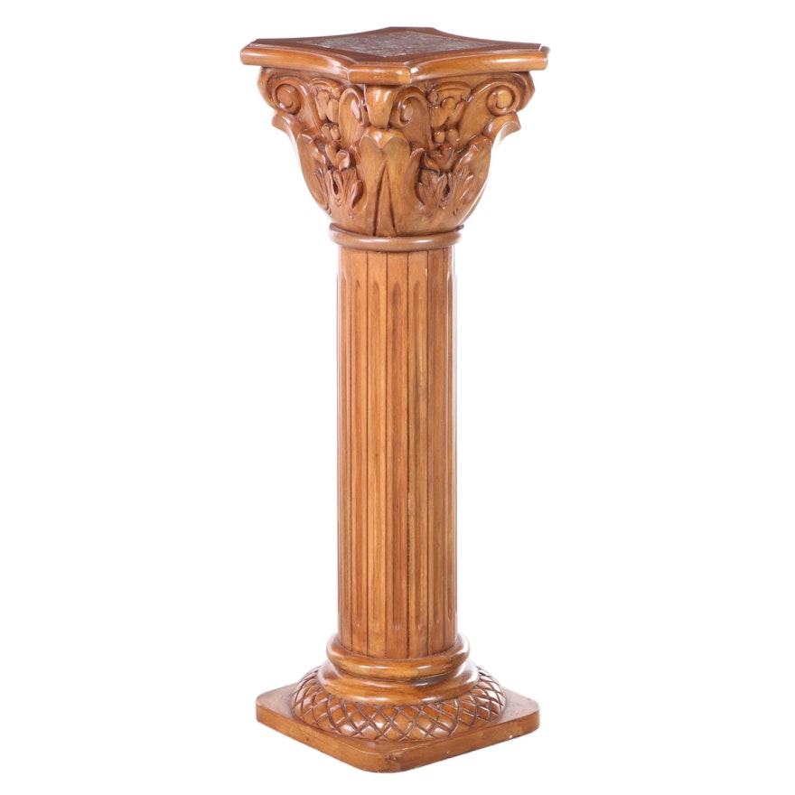 Carved Wooden Corinthian Capital Pedestal with Inset Marble Top
