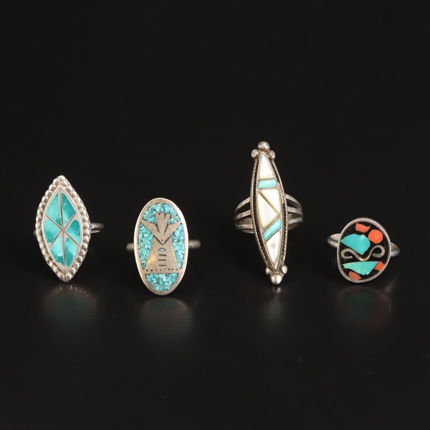 Southwestern Sterling Mother of Pearl, Turquoise, and Chip Stone Ring Selection