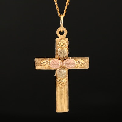 10K Cross with 12K Rose and Green Gold Accents on Gold-Filled Chain