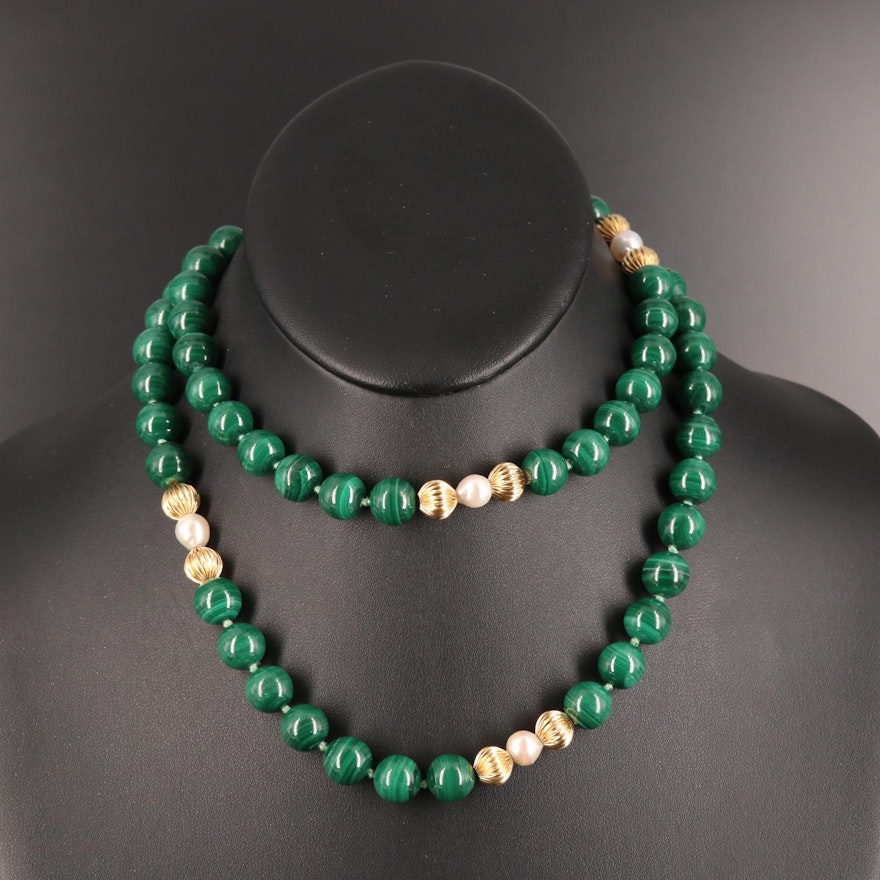 14K Malachite and Pearl Necklace