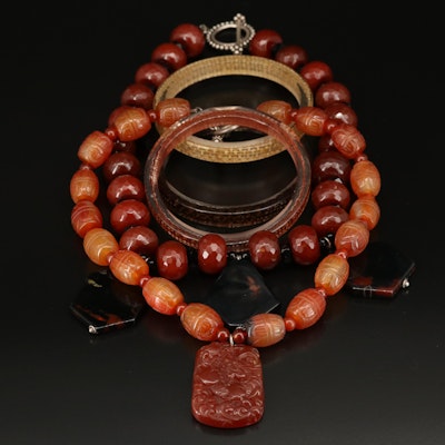 Sterling Carnelian, Agate and Faux Black Onyx Bead Necklaces and Bangles