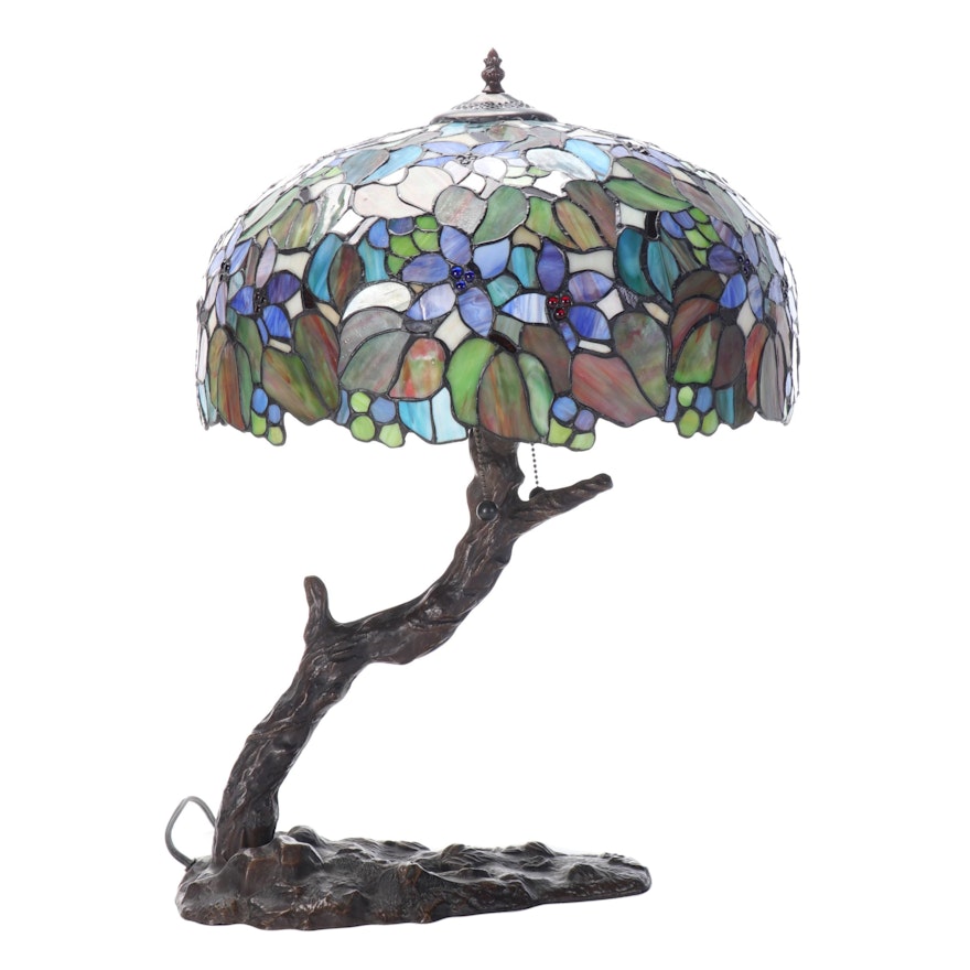Cast Metal Tree Trunk With Slag Glass and Jeweled Shade, 21st Century