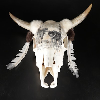 Lord's Steer Head Skull Sculpture with Wolf Scene