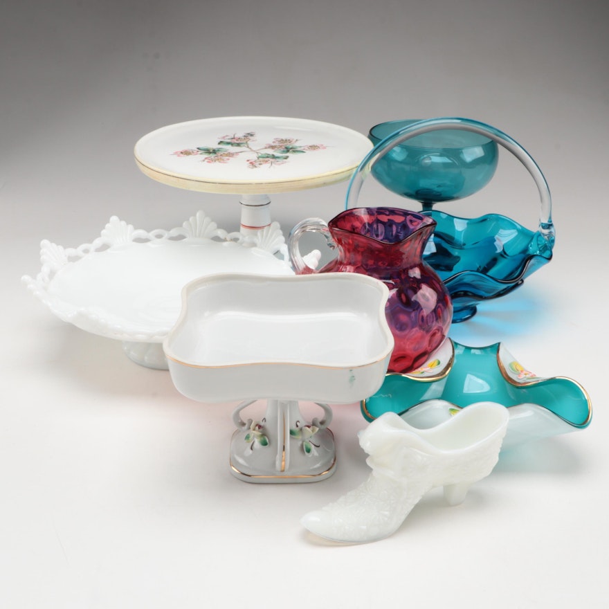 Milk and Colored Glass Tableware and Décor with Porcelain Compote