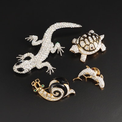 Rhinestone Brooches Including Swarovski Snail and Dolphins