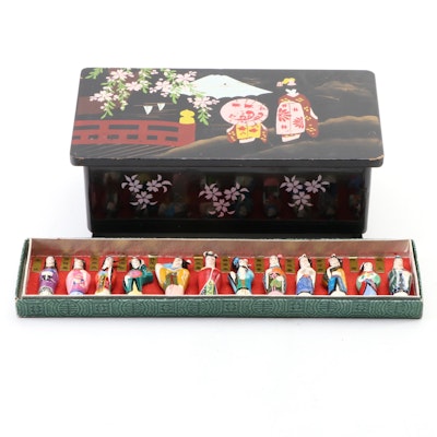 Japanese Lacquerware Musical Jewelry Box and Miniature Figurines