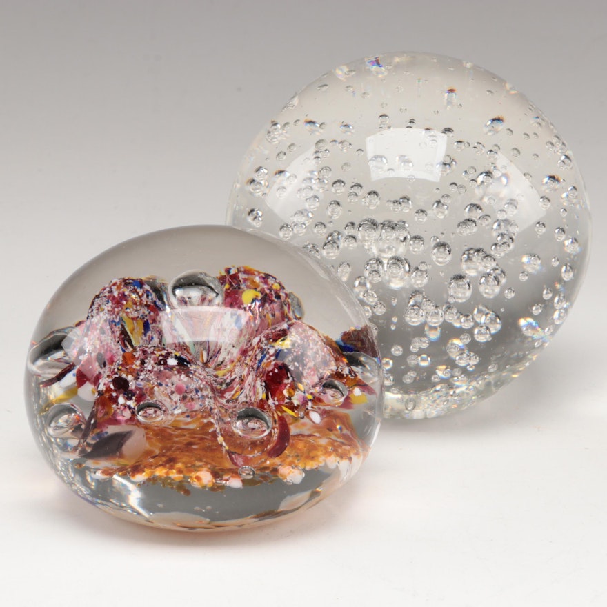 Murano Style and Other Art Glass Trapped Bubble Paperweights