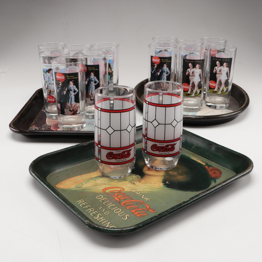 Coca-Cola Tin Litho Trays With Glass Tumblers
