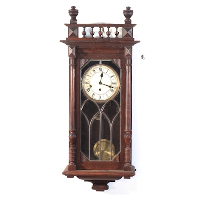Gothic Revival Style Walnut Wood and Leaded Glass Wall Clock