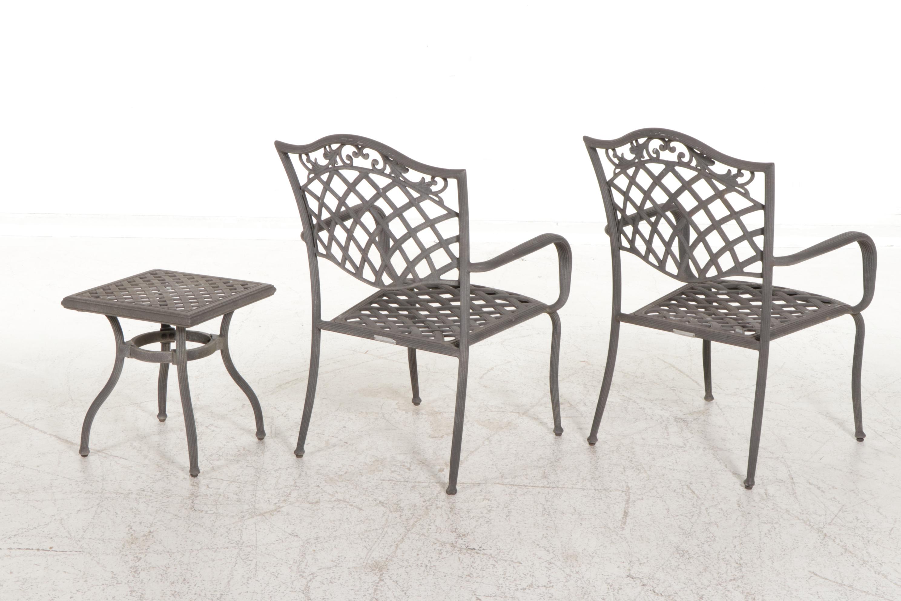 Two Garden Treasures Metal Patio Chairs With Side Table, 21st Century