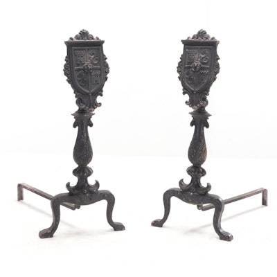 Pair of Cast Metal Shield Finial Andirons, Early to Mid-20th Century