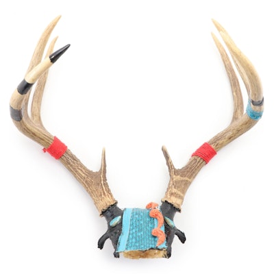 Paint-Decorated and Beaded White-Tailed Deer Antlers with String Accents