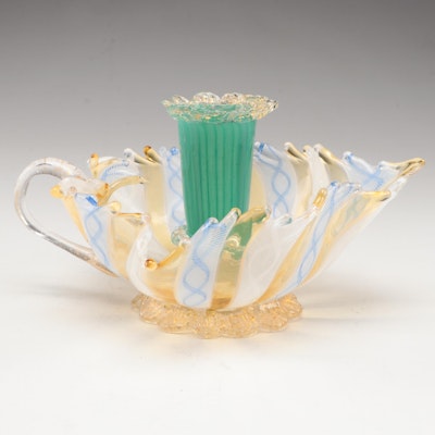 Murano Blown Zanfirico, Rigaree and Gold Flecks Leaf Form Art Glass Chamberstick