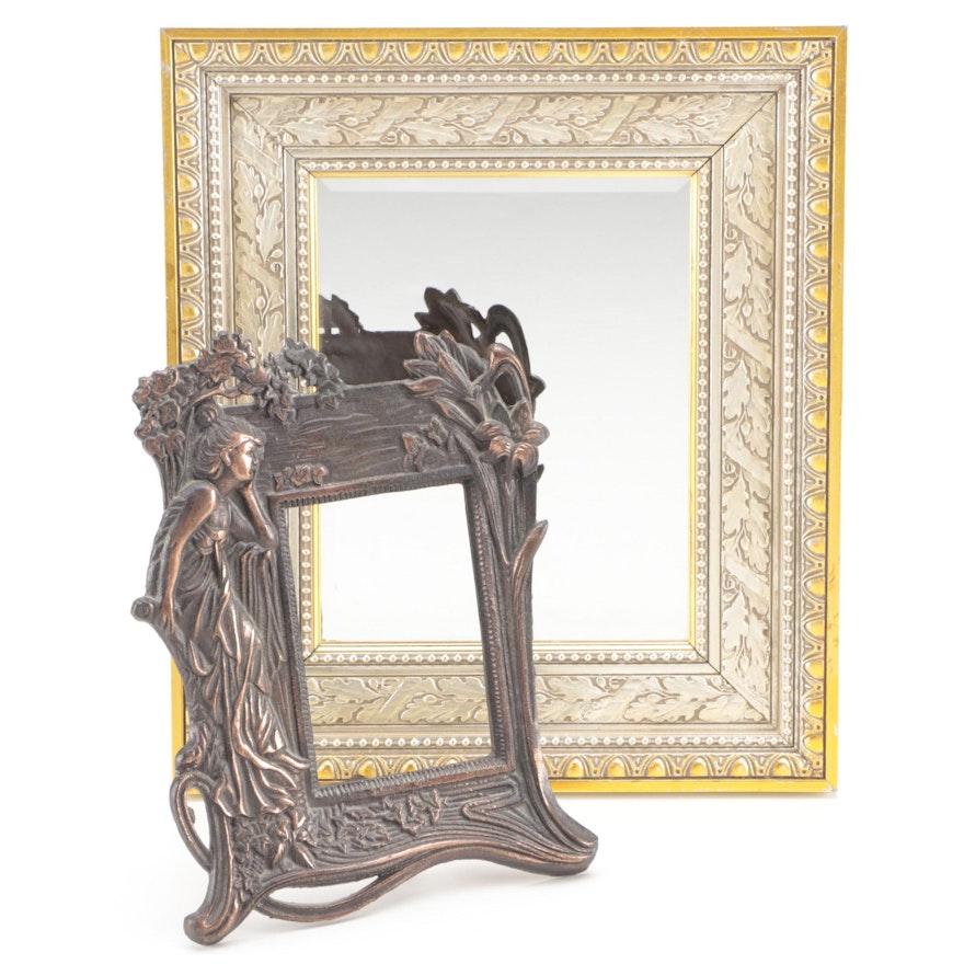 Neoclassical Style Composite Wall Mirror with Art Nouveau Style Cast Metal Frame