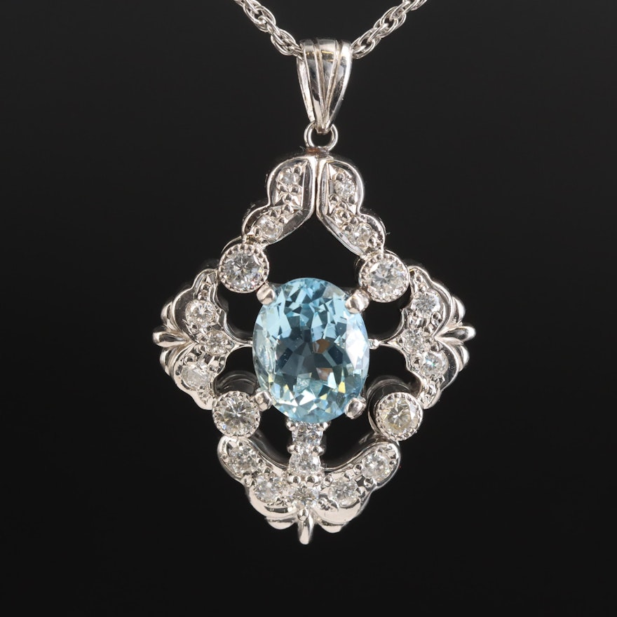 Platinum Aquamarine and Diamond Pendant Necklace