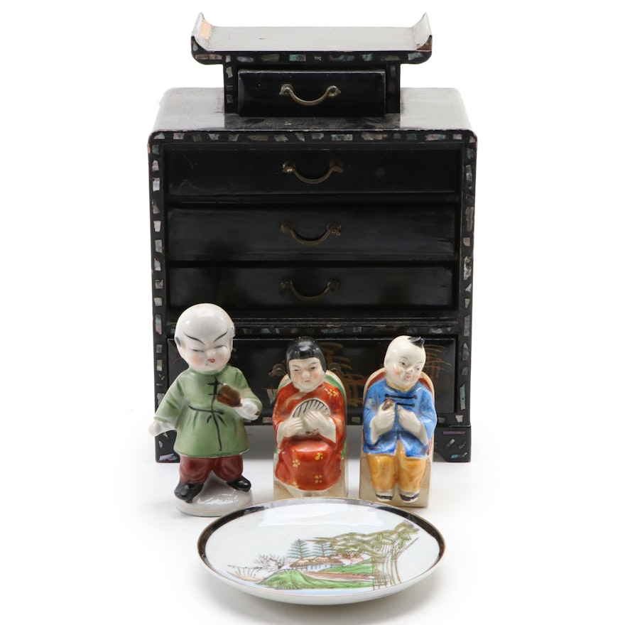 Japanese Abalone Inlay Lacquered Jewelry Box with Shakers, Figurine and More