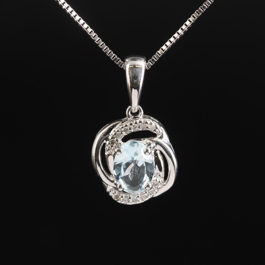 Sterling Aquamarine and Diamond Pendant Necklace