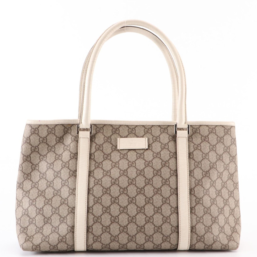 Gucci East-West Tote Bag in GG Supreme Canvas and Off-White Textured Leather