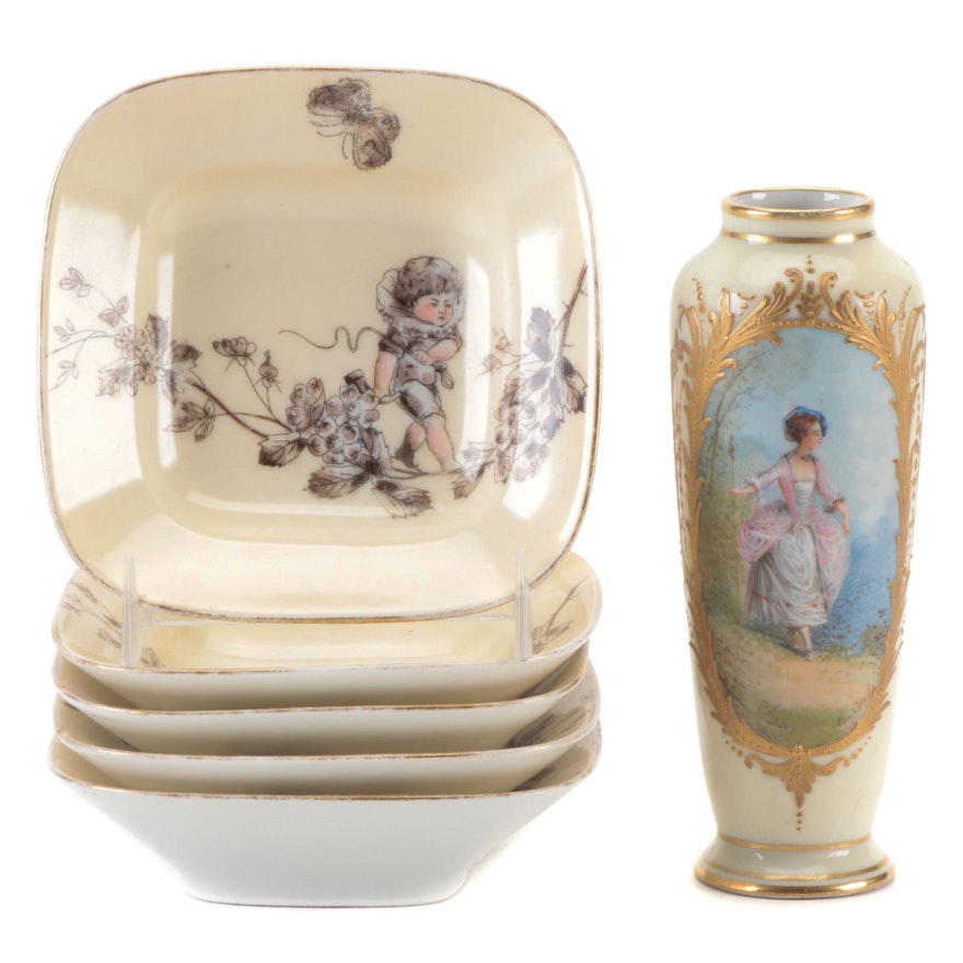 M. Redon Limoges Porcelain Berry Bowl with Sèvres Style Portrait Vase
