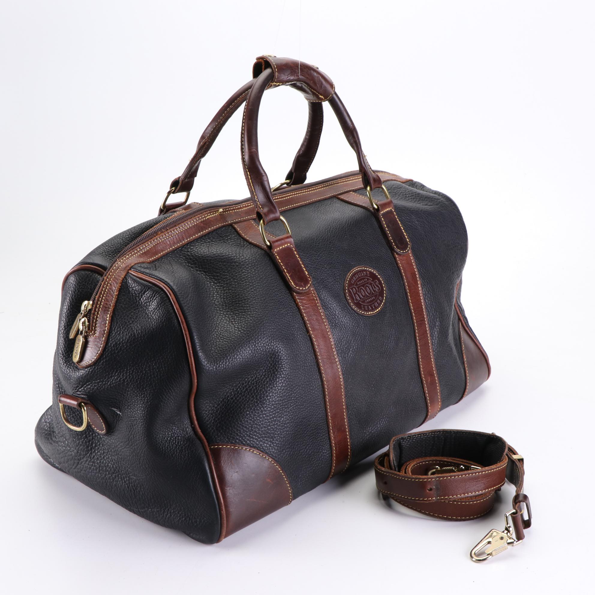 Roots Weekender Duffle Bag in Grained Leather with Smooth Leather Trim