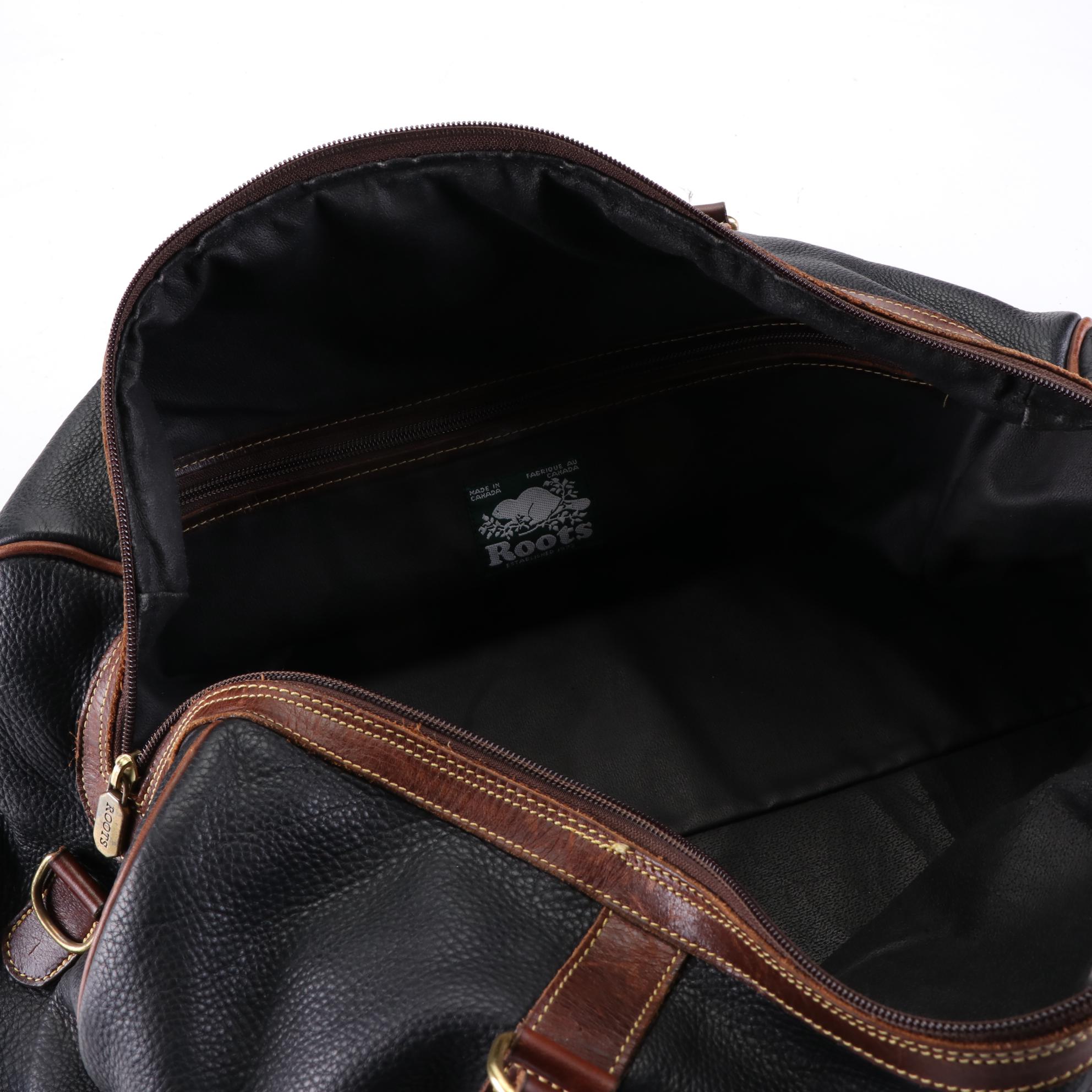 Roots Weekender Duffle Bag in Grained Leather with Smooth Leather Trim