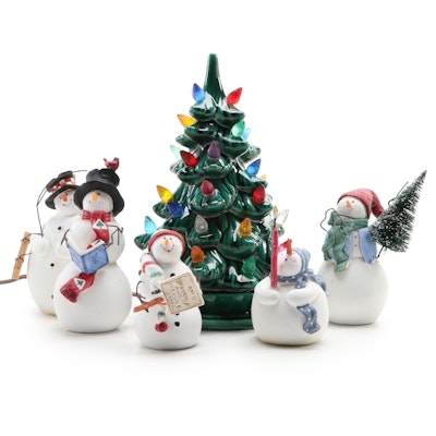Holland Mold Ceramic Illuminated Christmas Tree and Sandi Gore Evans Snowmen