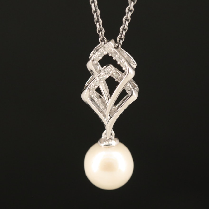 Sterling Pearl and Diamond Drop Pendant Necklace