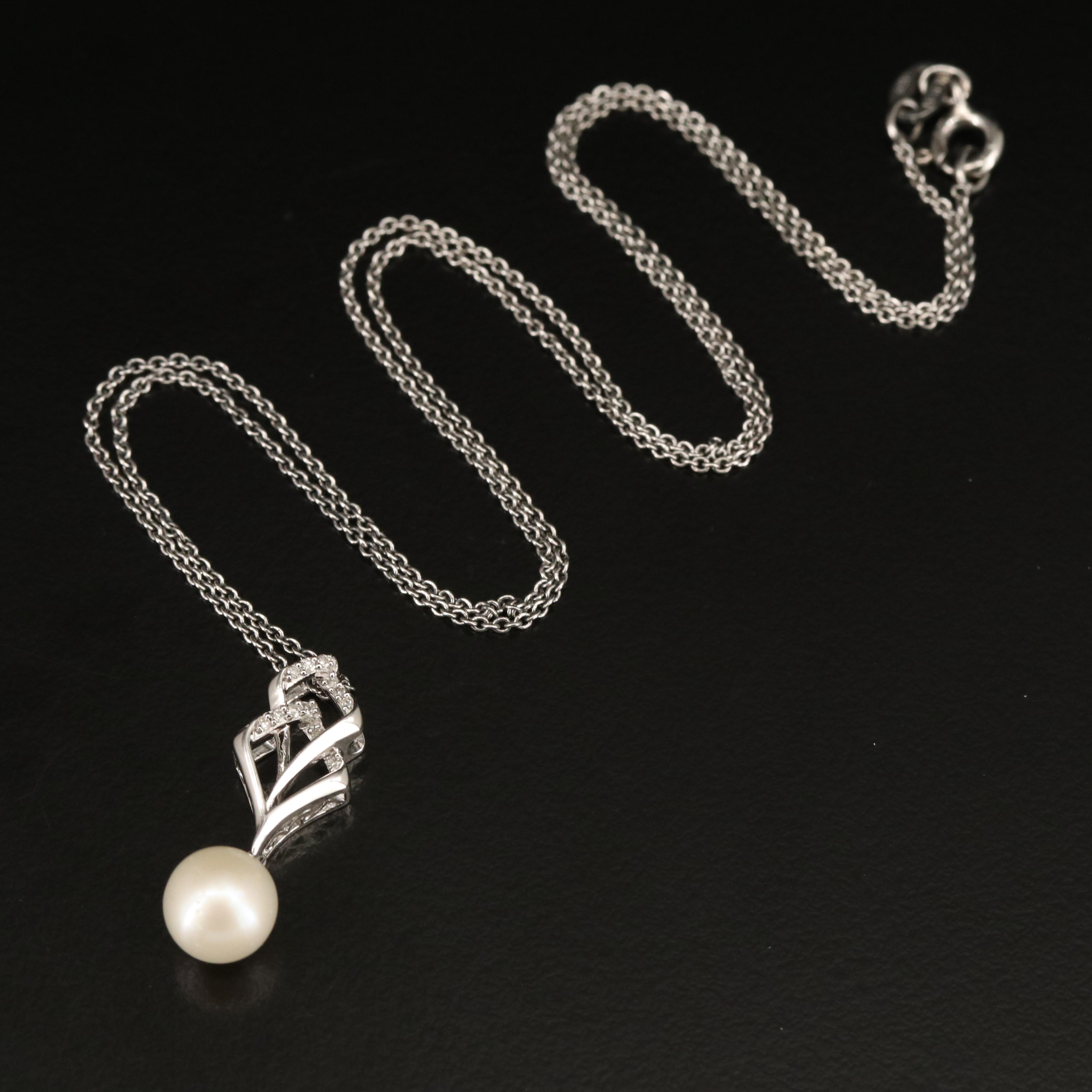 Sterling Pearl and Diamond Drop Pendant Necklace EBTH