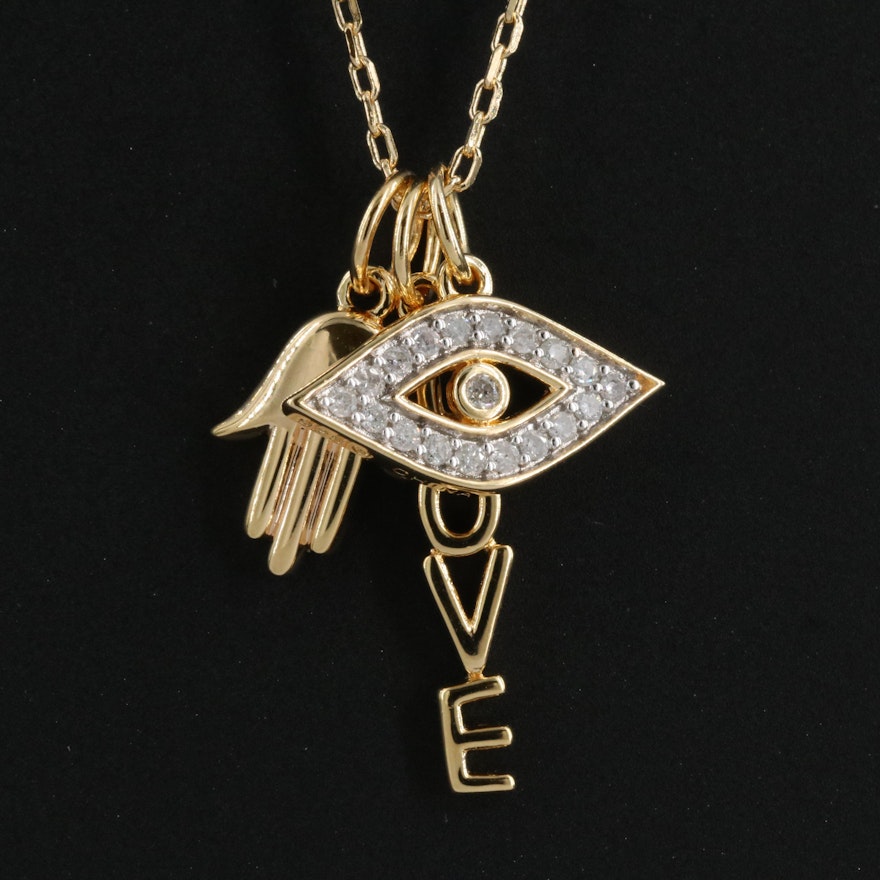 Sterling Diamond Evil Eye, Hamsa and Love Pendant Necklace