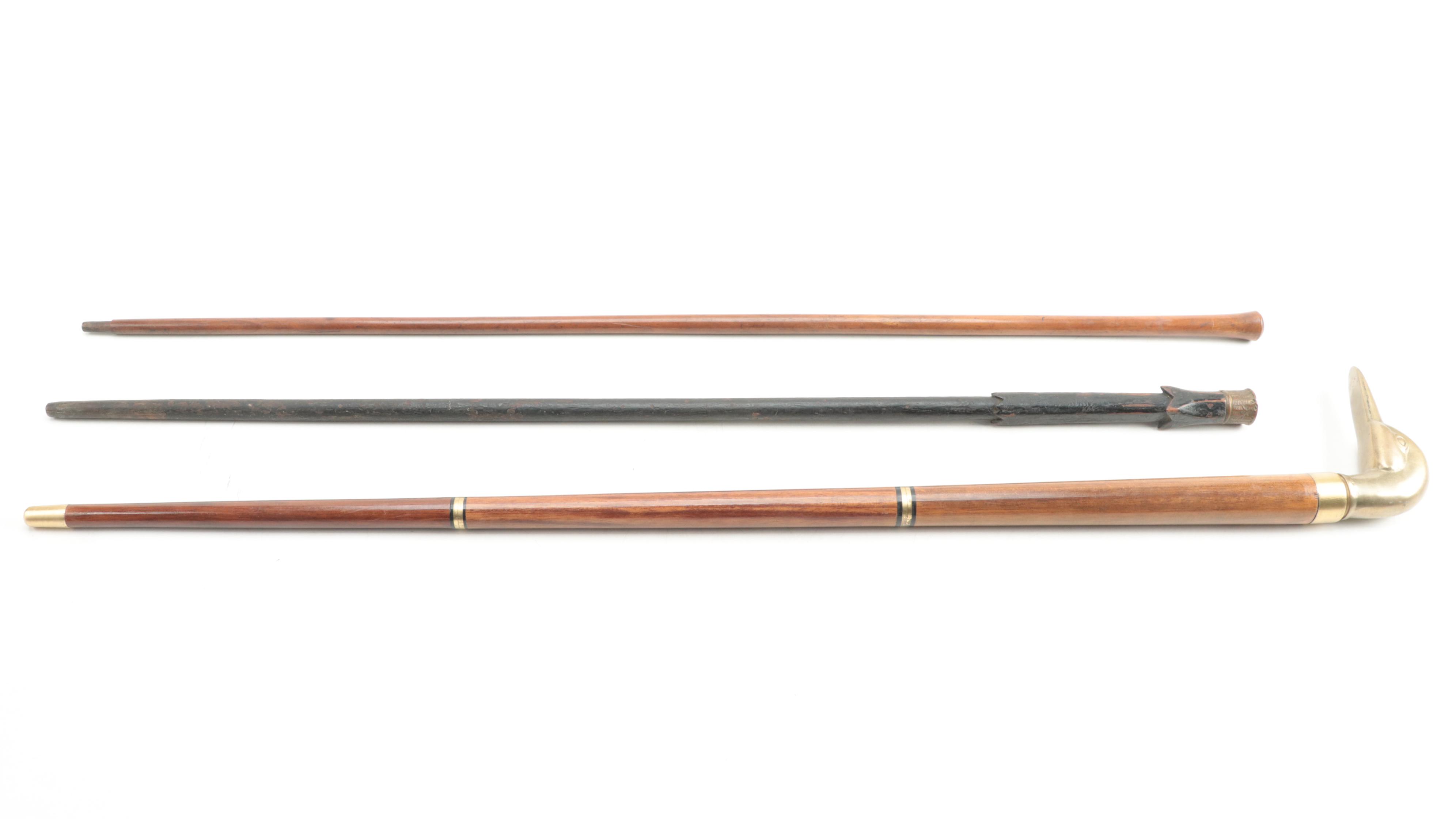 Wooden Walking Sticks and Brass Duck Head Cane With Hidden Compartment