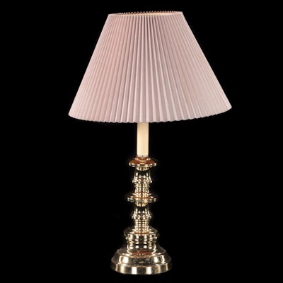 Brass Table Lamp With Pleated Paper Shade, Late 20th Century
