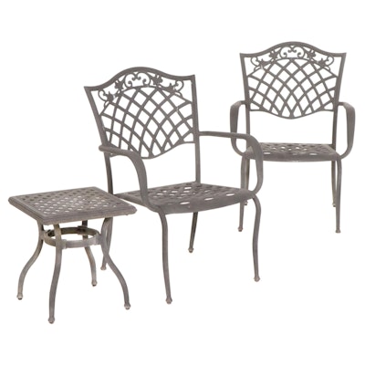 Two Garden Treasures Metal Patio Chairs With Side Table, 21st Century