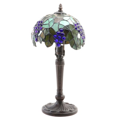 Art Nouveau Style Grape Motif Bronzed Metal and Jeweled Slag Glass Table Lamp