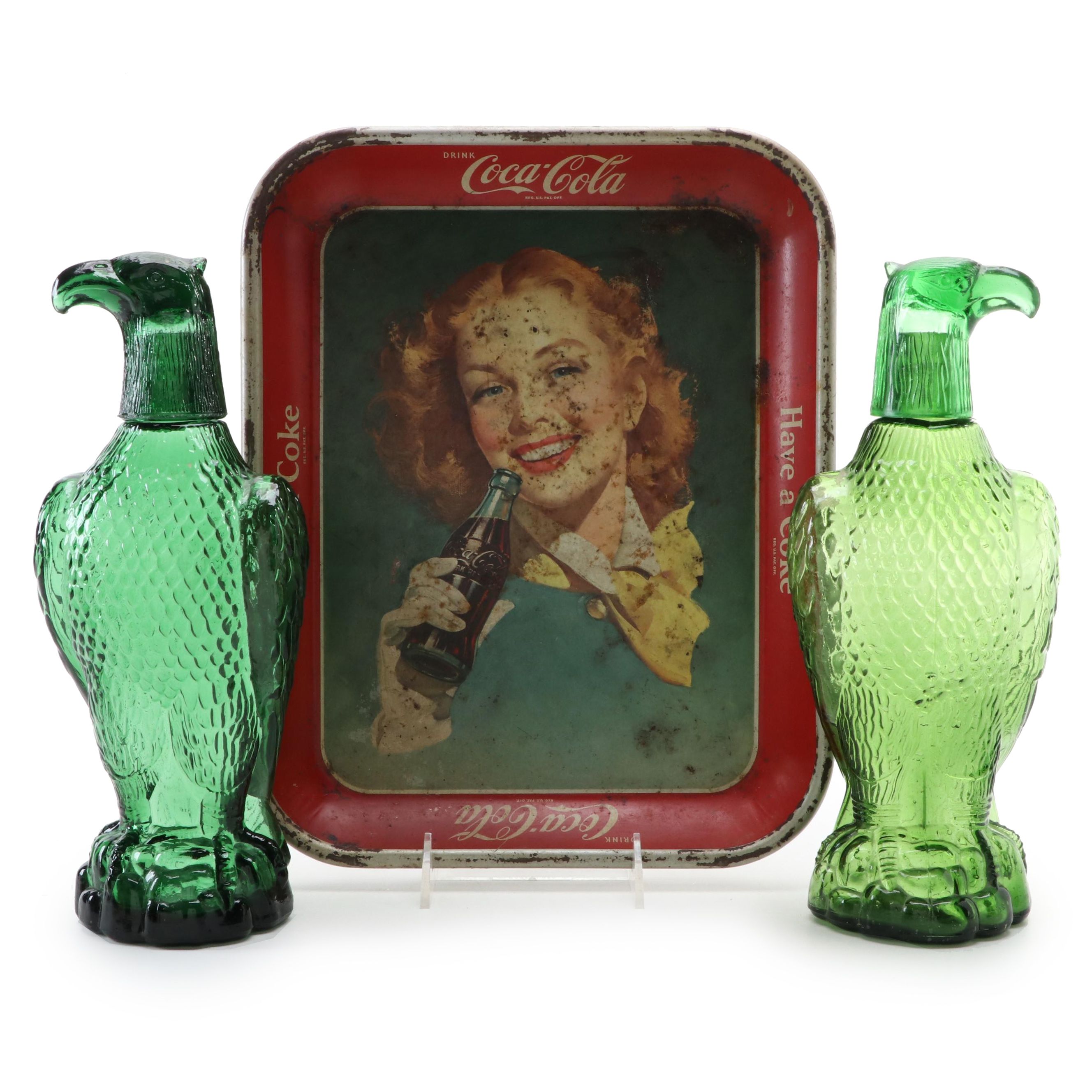 Green Glass American Eagle Decanters with CocaCola Tray EBTH
