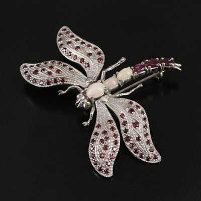 Sterling Opal, Garnet and Diopside Articulated Dragonfly Brooch