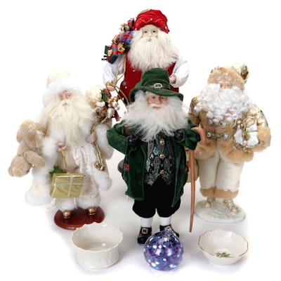 Santa Claus Figures, Lenox Porcelain Bowls, and Blown Glass Ornament