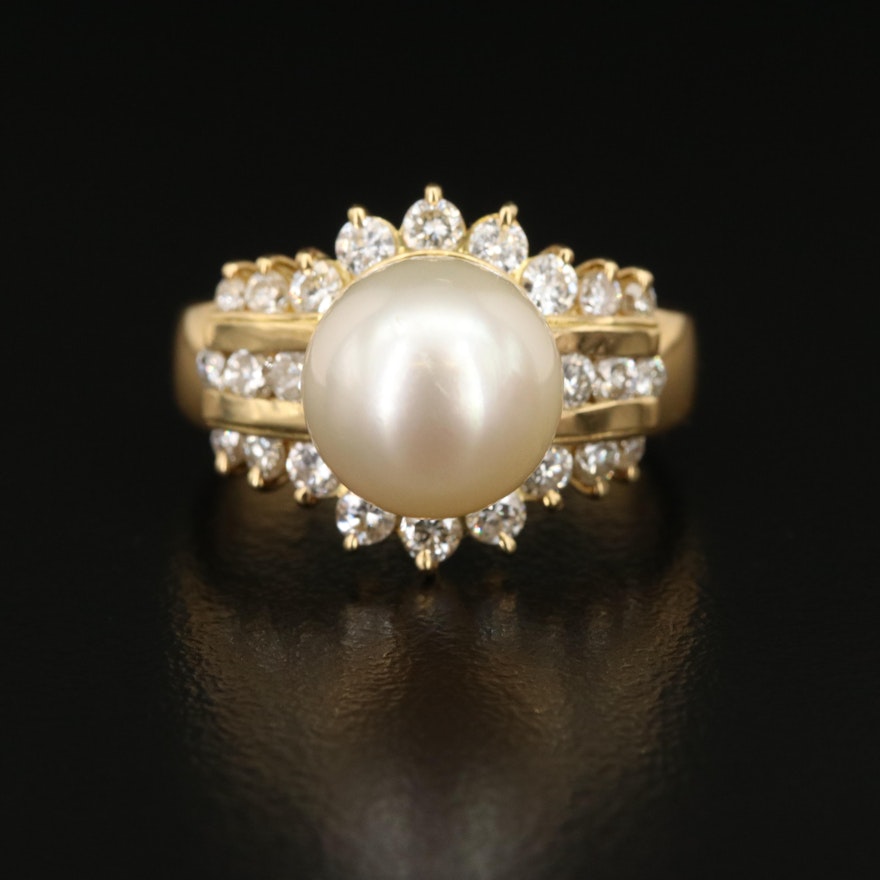 18K Pearl and Diamond Ring with Channel Shoulders