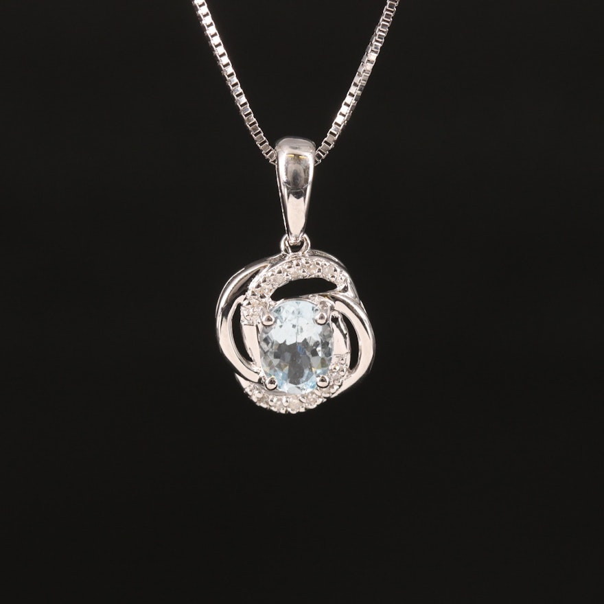 Sterling Aquamarine and Diamond Pendant Necklace