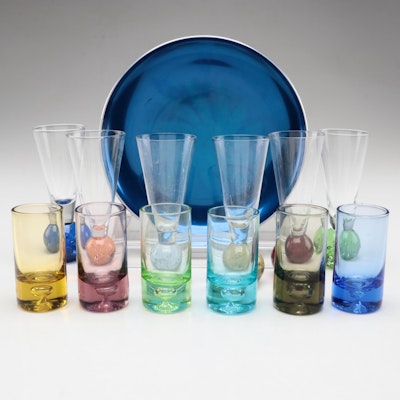 Alcoa Enameled Metal Tray with Trapped Bubble Shot and Other Glasses