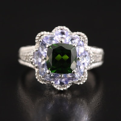 Sterling Chrome Diopside, Tanzanite and Topaz Ring