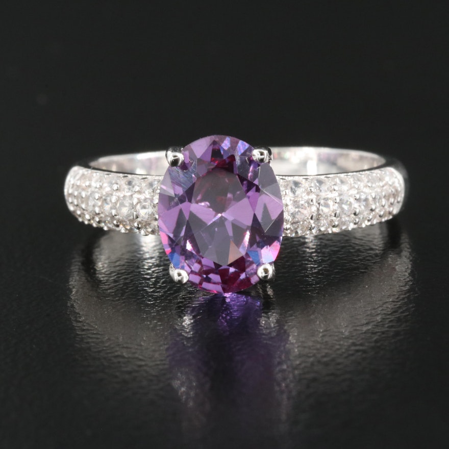 Sterling Sapphire and Zircon Ring with Pavé Shoulders